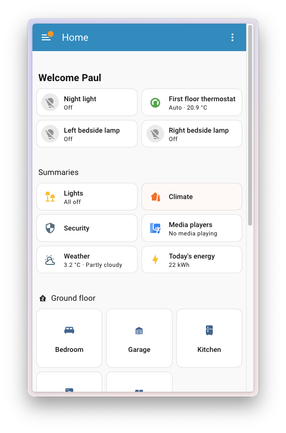 Ukázka rozhraní Home Assistant